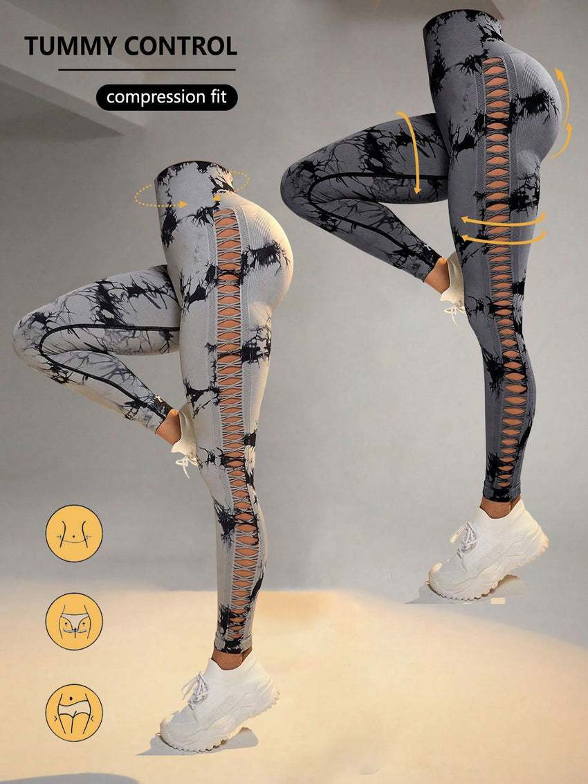 2 Pack Tie - dye Hollow High - waist Butt - lifting Women's Fitness Pants, Women's Tie Dye Cutout Tights Workout Yoga Leggings - 7DAY'S