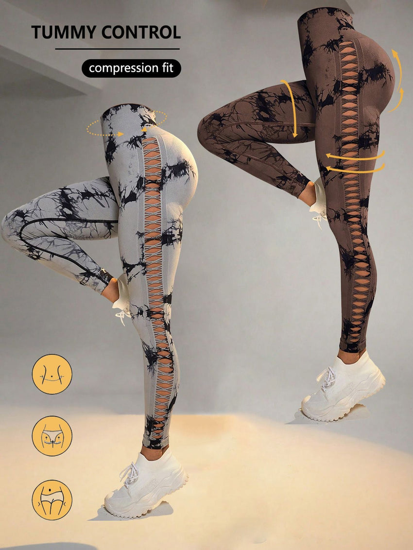 2 Pack Tie - dye Hollow High - waist Butt - lifting Women's Fitness Pants, Women's Tie Dye Cutout Tights Workout Yoga Leggings - 7DAY'S
