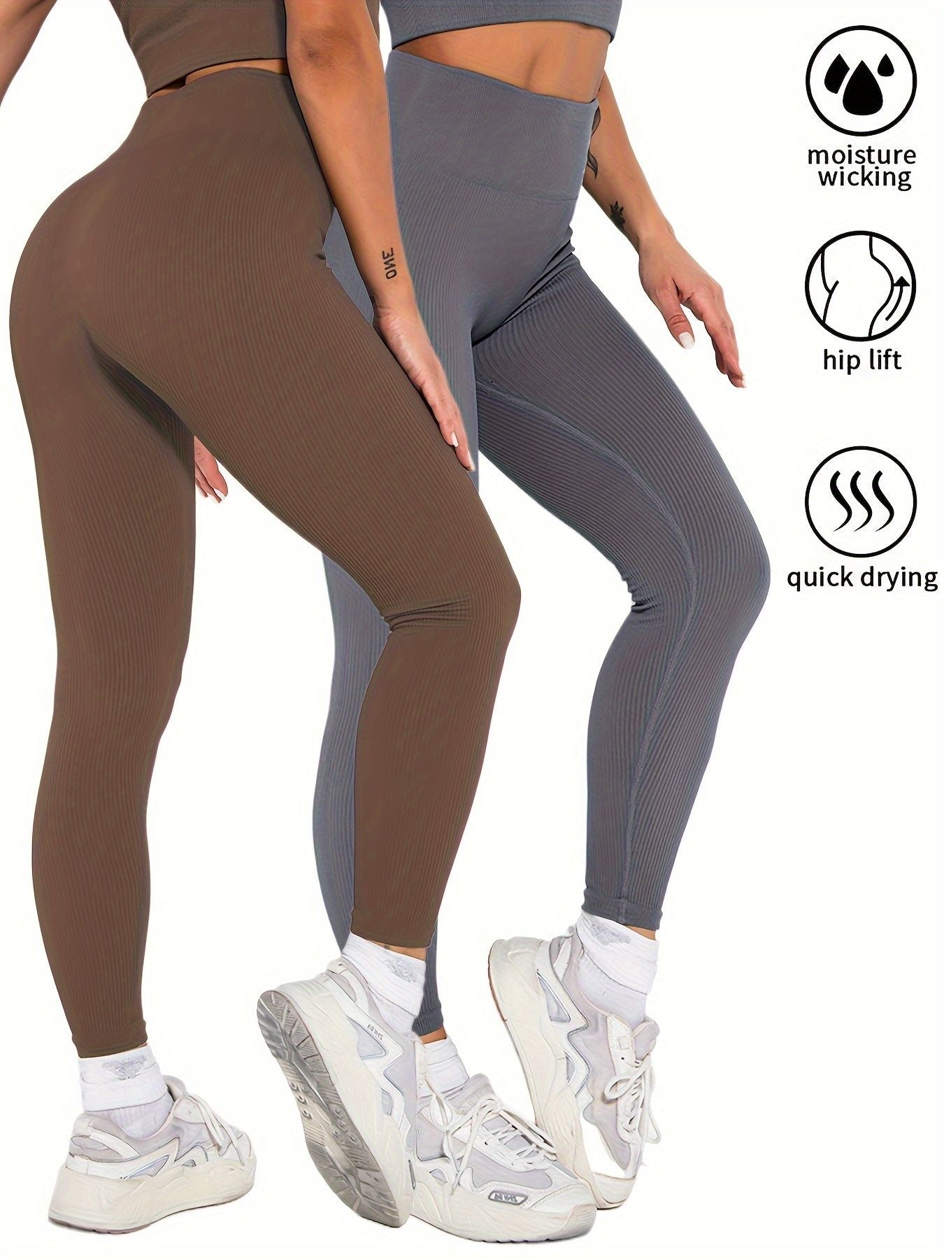 2 Pack Womens Seamless Ribbed Leggings Soft Slimming Yoga Pants, Ribbed Yoga Pants High Waisted Gym Leggings Sport Women Fitness Seamless Female - 7DAY'S