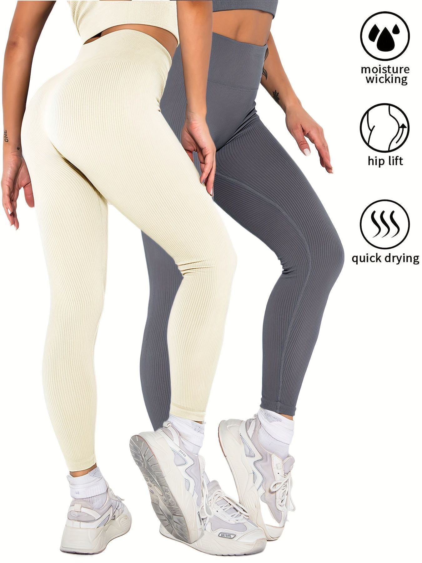 2 Pack Womens Seamless Ribbed Leggings Soft Slimming Yoga Pants, Ribbed Yoga Pants High Waisted Gym Leggings Sport Women Fitness Seamless Female - 7DAY'S