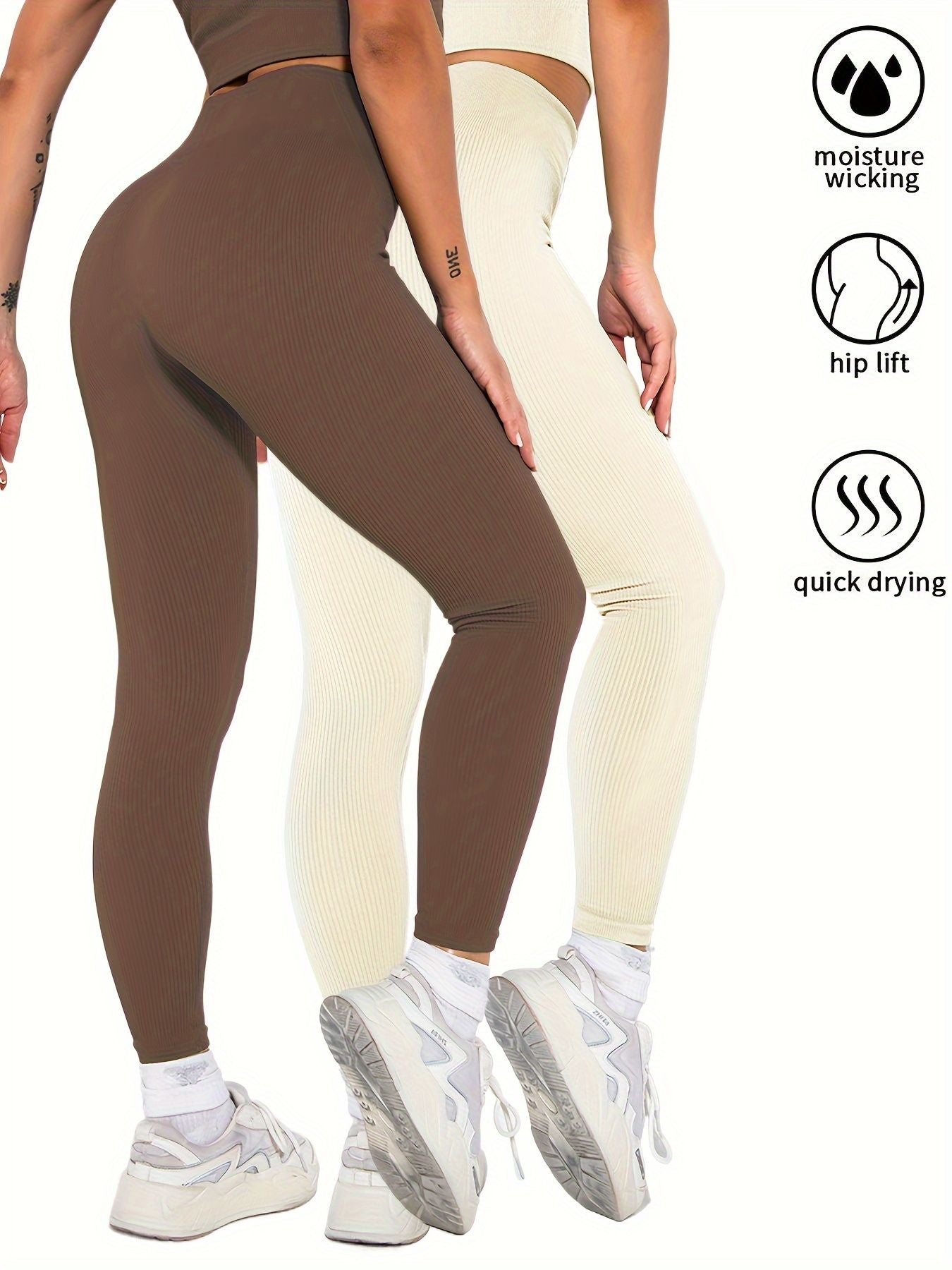 2 Pack Womens Seamless Ribbed Leggings Soft Slimming Yoga Pants, Ribbed Yoga Pants High Waisted Gym Leggings Sport Women Fitness Seamless Female - 7DAY'S