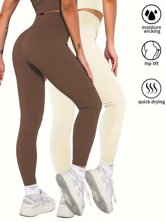 2 Pack Womens Seamless Ribbed Leggings Soft Slimming Yoga Pants, Ribbed Yoga Pants High Waisted Gym Leggings Sport Women Fitness Seamless Female - 7DAY'S