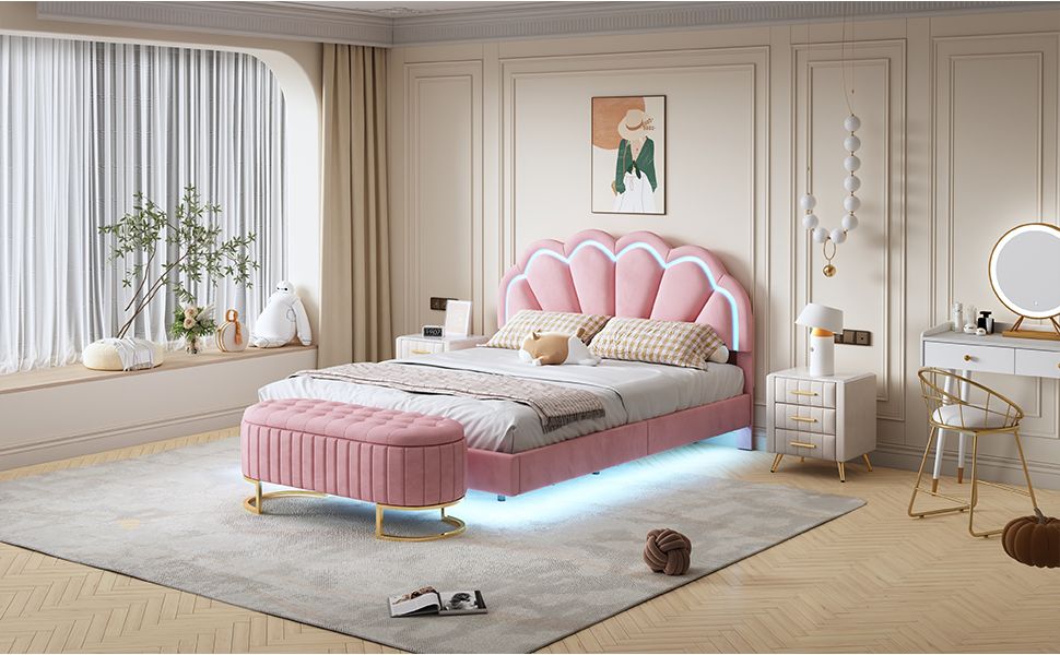 2 - Pieces Bedroom Sets Full Size Upholstered LED Platform Bed with Storage Ottoman - Velvet,Pink - 7DAY'S