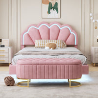 2 - Pieces Bedroom Sets Full Size Upholstered LED Platform Bed with Storage Ottoman - Velvet,Pink - 7DAY'S