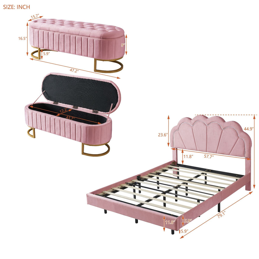 2 - Pieces Bedroom Sets Full Size Upholstered LED Platform Bed with Storage Ottoman - Velvet,Pink - 7DAY'S