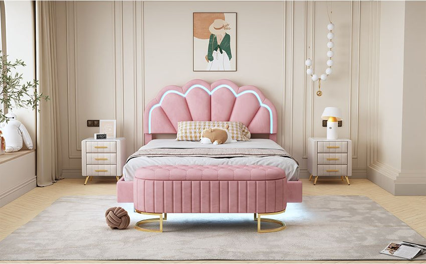 2 - Pieces Bedroom Sets Full Size Upholstered LED Platform Bed with Storage Ottoman - Velvet,Pink - 7DAY'S