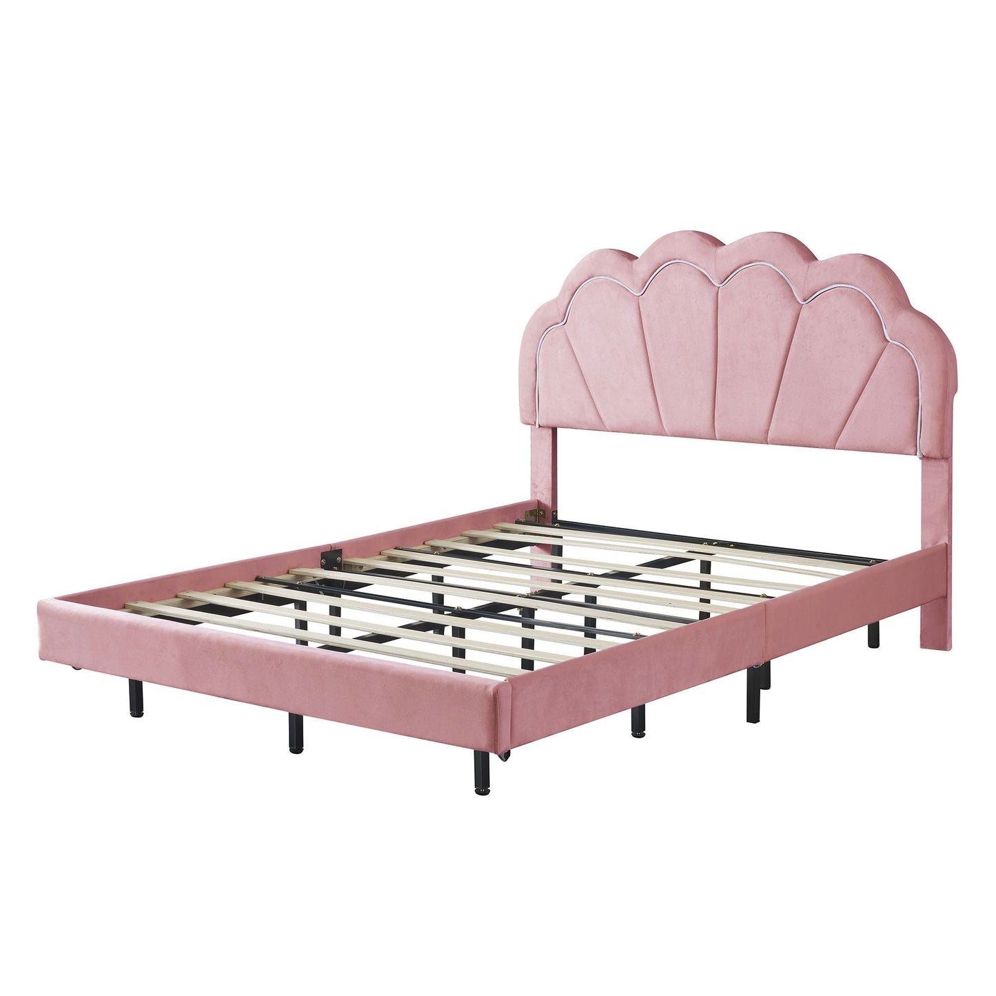 2 - Pieces Bedroom Sets Full Size Upholstered LED Platform Bed with Storage Ottoman - Velvet,Pink - 7DAY'S