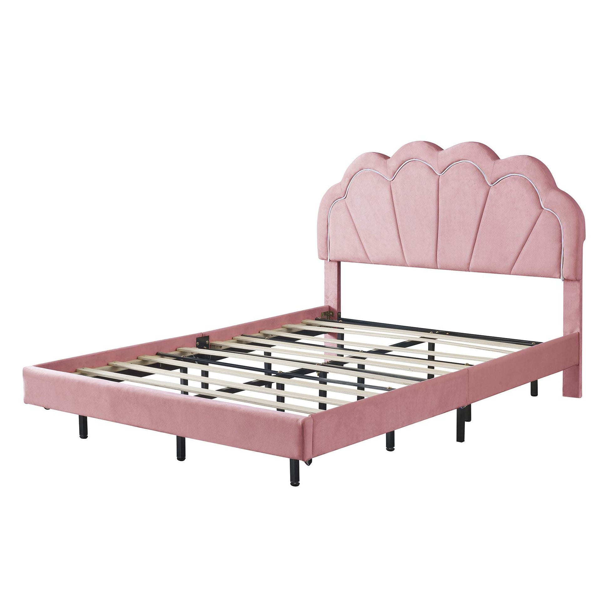 2 - Pieces Bedroom Sets Full Size Upholstered LED Platform Bed with Storage Ottoman - Velvet,Pink - 7DAY'S