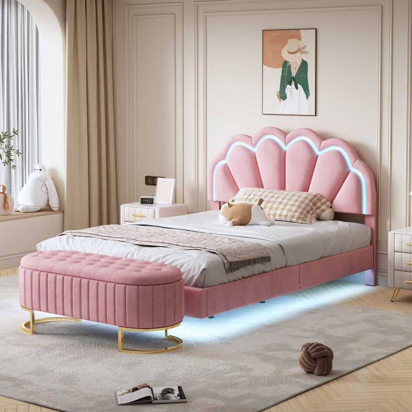 2 - Pieces Bedroom Sets Full Size Upholstered LED Platform Bed with Storage Ottoman - Velvet,Pink - 7DAY'S