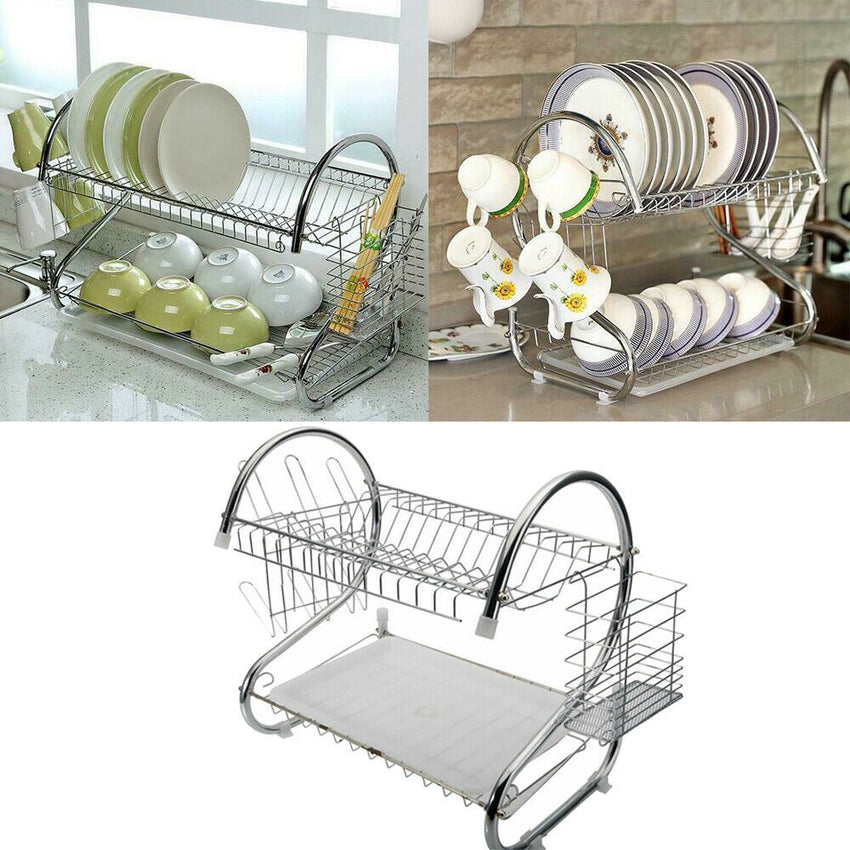 2 Tier Dish Drying Rack Drainer Stainless Steel Kitchen Cutlery Holder Shelf - 7DAY'S