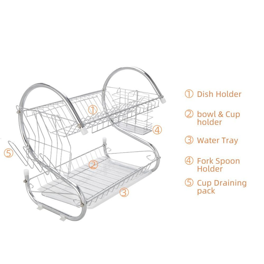 2 Tier Dish Drying Rack Drainer Stainless Steel Kitchen Cutlery Holder Shelf - 7DAY'S