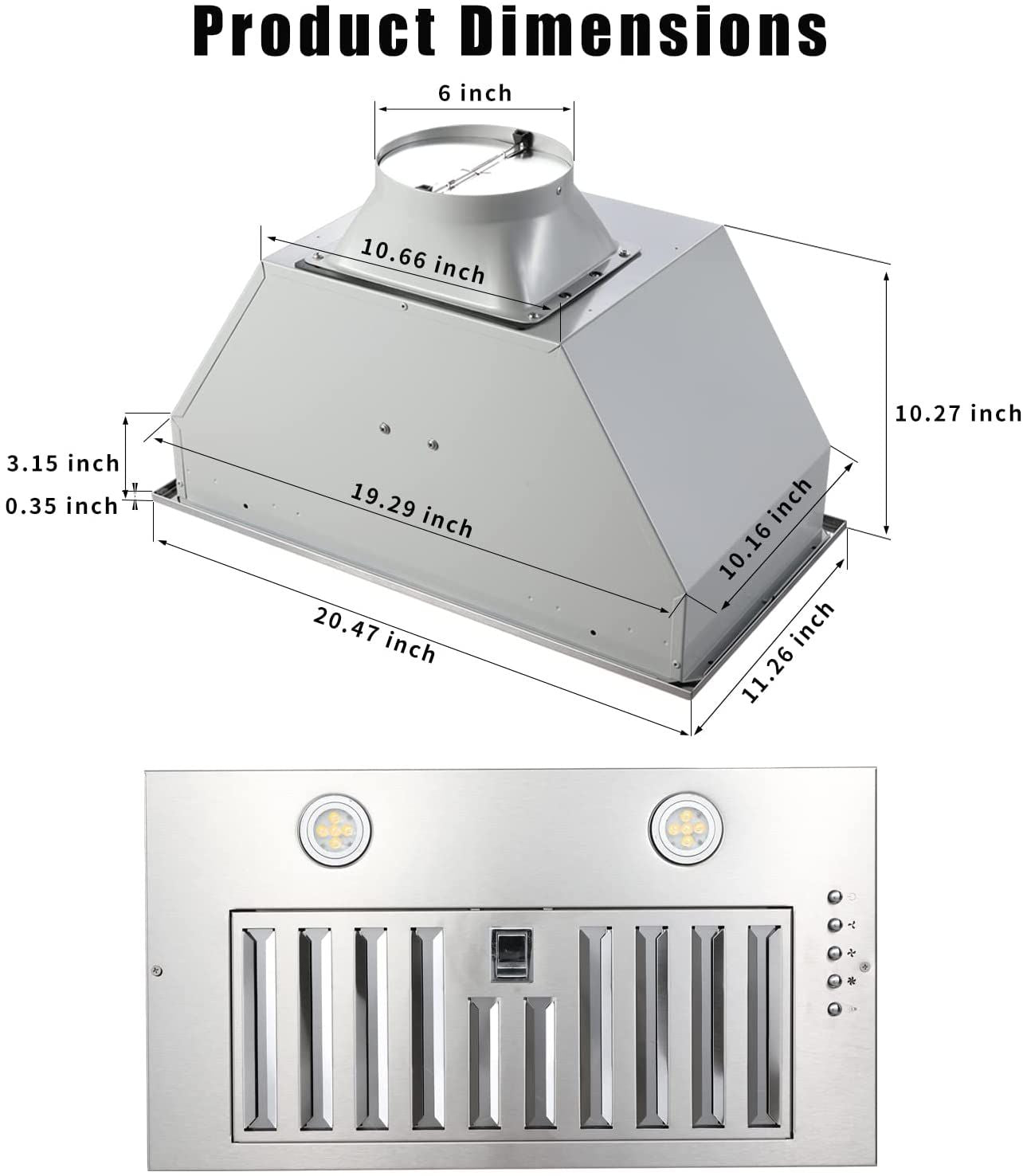 20" Built - In/Insert Range Hood 600CFM Kitchen Vent LEDs Convertible Fan Sliver - 7DAY'S