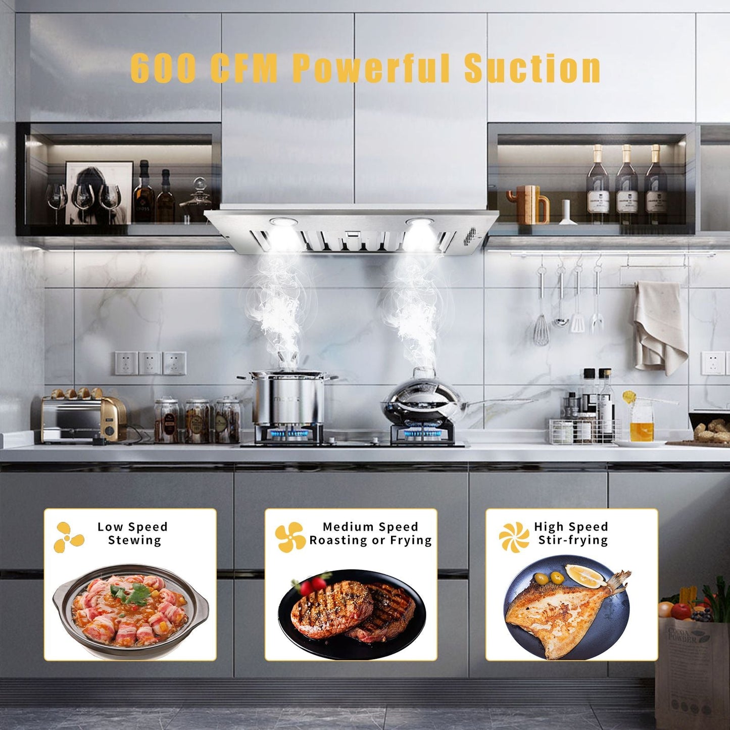 20" Built - In/Insert Range Hood 600CFM Kitchen Vent LEDs Convertible Fan Sliver - 7DAY'S