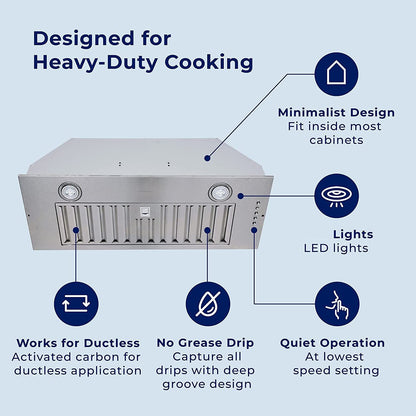 20" Built - In/Insert Range Hood 600CFM Kitchen Vent LEDs Convertible Fan Sliver - 7DAY'S