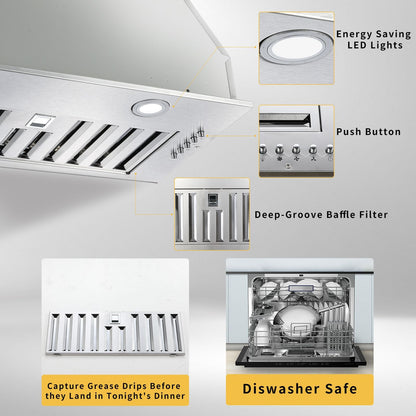 20" Built - In/Insert Range Hood 600CFM Kitchen Vent LEDs Convertible Fan Sliver - 7DAY'S