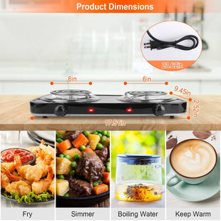 2000W Electric Double Burner Portable Coil Heating Hot Plate Stove Countertop RV Hotplate with Non Slip Rubber Feet 5 Temperature Adjustments - 7DAY'S