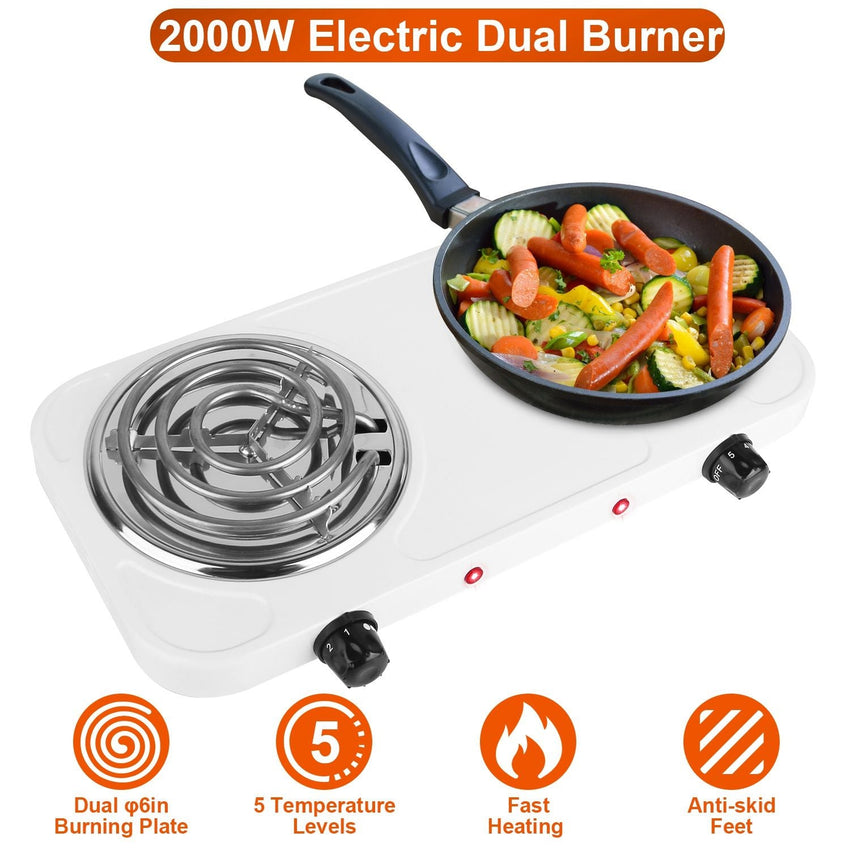 2000W Electric Double Burner Portable Coil Heating Hot Plate Stove Countertop RV Hotplate with Non Slip Rubber Feet 5 Temperature Adjustments - 7DAY'S