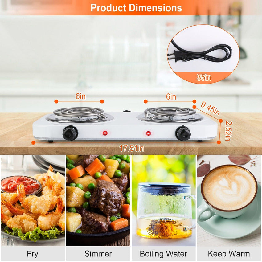 2000W Electric Double Burner Portable Coil Heating Hot Plate Stove Countertop RV Hotplate with Non Slip Rubber Feet 5 Temperature Adjustments - 7DAY'S