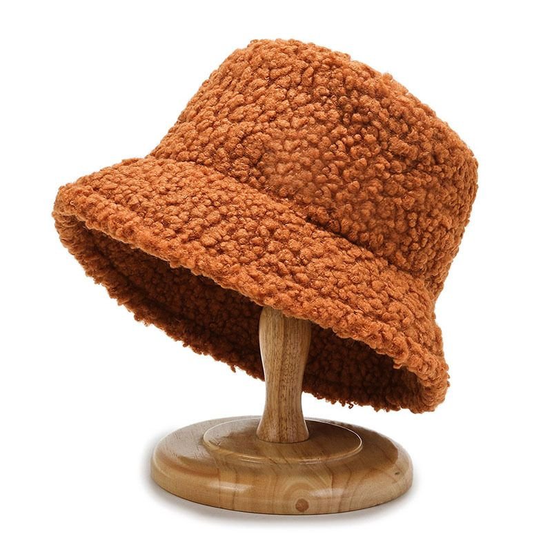 2021 Women's Harajuku Bucket Hat Solid Color Women Men Fishing Fisherman Hats Autumn Winter Lamb Wool Outdoor Warm Panama Cap - 7DAY'S