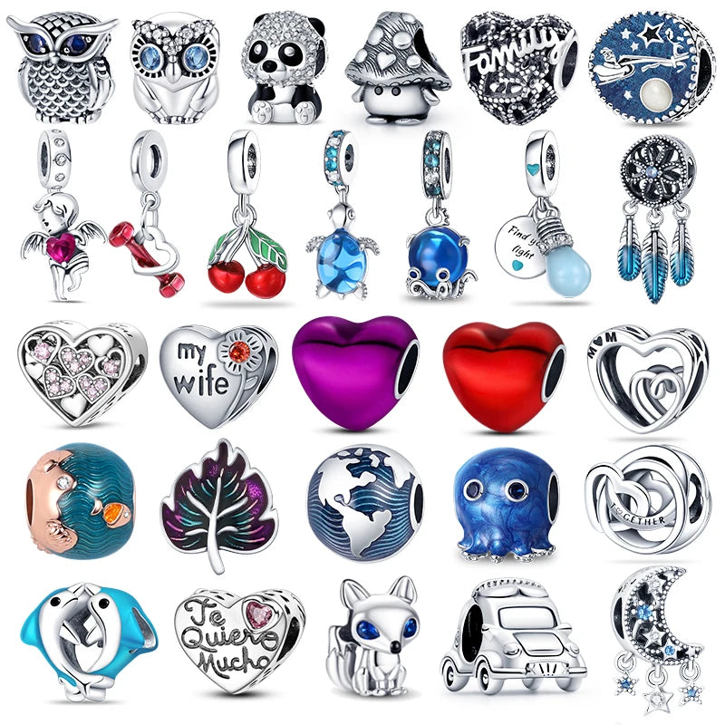 Hot Sale Charms Fit Pandora 925 Original Bracelet Silvering Owl With Blue Zircon Red Heart Charms Beads Fine DIY Jewelry Making