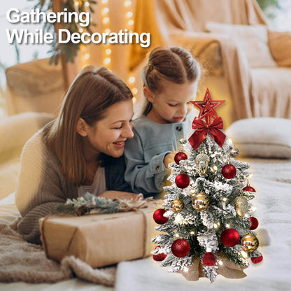 22in Tabletop Christmas Tree with Light Artificial Small Mini Red Christmas Decoration with Flocked Snow, Exquisite Decor & Xmas Ornaments for Table Top for Home & Office, Red - 7DAY'S