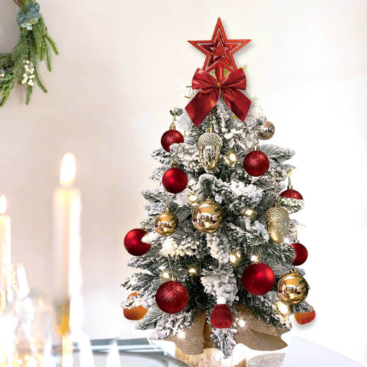 22in Tabletop Christmas Tree with Light Artificial Small Mini Red Christmas Decoration with Flocked Snow, Exquisite Decor & Xmas Ornaments for Table Top for Home & Office, Red - 7DAY'S