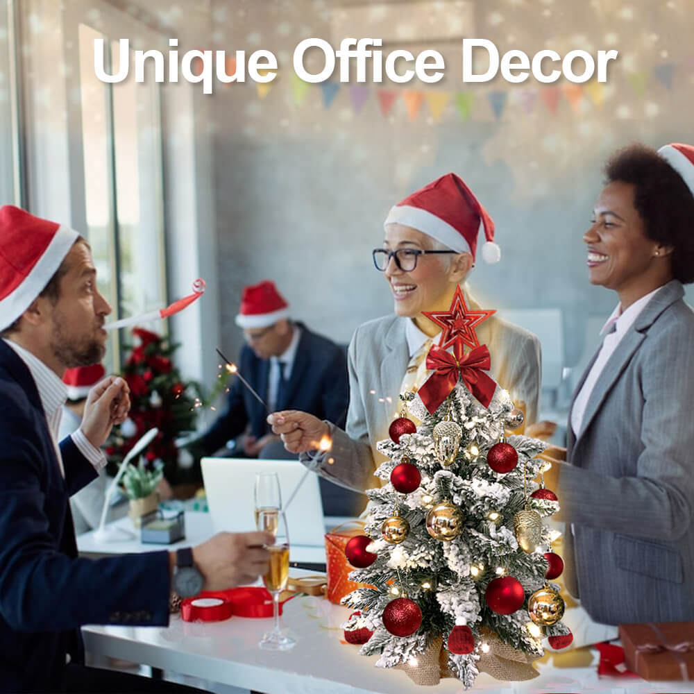 22in Tabletop Christmas Tree with Light Artificial Small Mini Red Christmas Decoration with Flocked Snow, Exquisite Decor & Xmas Ornaments for Table Top for Home & Office, Red - 7DAY'S