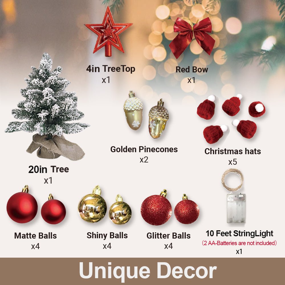 22in Tabletop Christmas Tree with Light Artificial Small Mini Red Christmas Decoration with Flocked Snow, Exquisite Decor & Xmas Ornaments for Table Top for Home & Office, Red - 7DAY'S