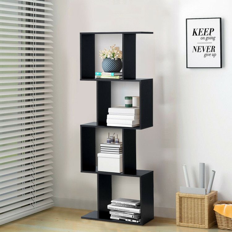 2/3/4 Tiers Wooden S - Shaped Bookcase for Living Room Bedroom Office - 7DAY'S