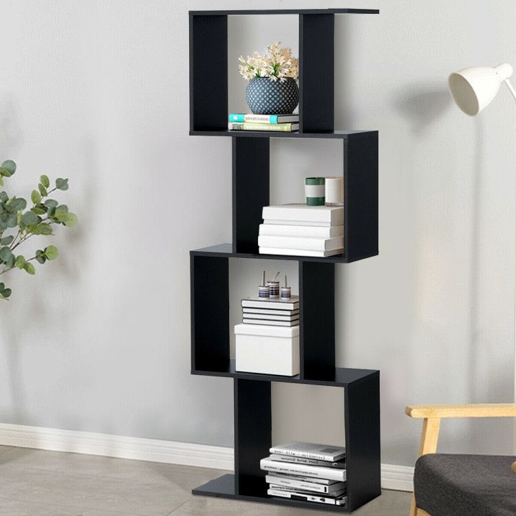 2/3/4 Tiers Wooden S - Shaped Bookcase for Living Room Bedroom Office - 7DAY'S