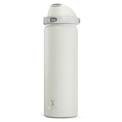 24 oz Insulated Water Bottle with Straw: Meoky Stainless Steel Metal Water Bottle with 2 - in - 1 Lid - Leak Proof, Cold for 24 Hours, Protective Silicone Base, BPA - Free for Sports Travel Car, Ivory - 7DAY'S