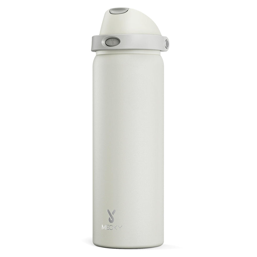 24 oz Insulated Water Bottle with Straw: Meoky Stainless Steel Metal Water Bottle with 2 - in - 1 Lid - Leak Proof, Cold for 24 Hours, Protective Silicone Base, BPA - Free for Sports Travel Car, Ivory - 7DAY'S