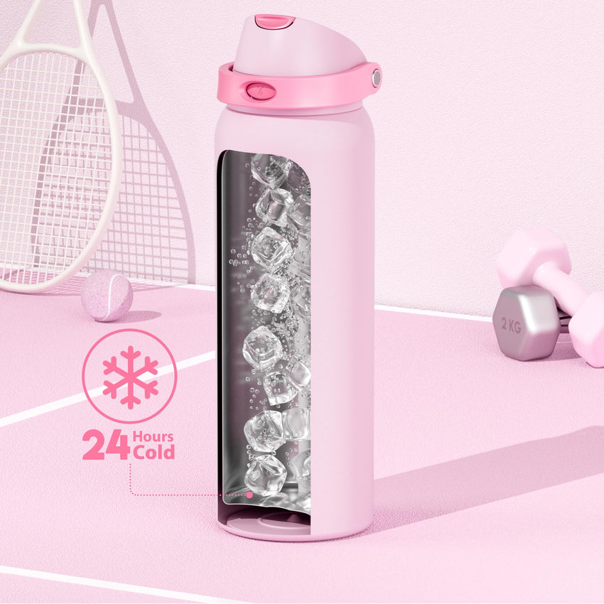 24 oz Insulated Water Bottle with Straw: Meoky Stainless Steel Metal Water Bottle with 2 - in - 1 Lid - Leak Proof, Cold for 24 Hours, Protective Silicone Base, BPA - Free for Sports Travel Car, Ivory - 7DAY'S