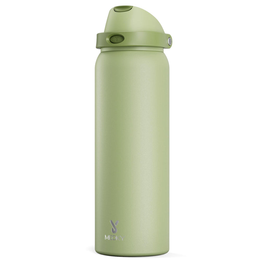 24 oz Insulated Water Bottle with Straw: Meoky Stainless Steel Metal Water Bottle with 2 - in - 1 Lid - Leak Proof, Cold for 24 Hours, Protective Silicone Base, BPA - Free for Sports Travel Car, Ivory - 7DAY'S