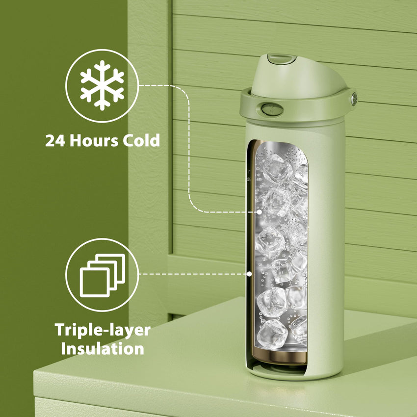 24 oz Insulated Water Bottle with Straw: Meoky Stainless Steel Metal Water Bottle with 2 - in - 1 Lid - Leak Proof, Cold for 24 Hours, Protective Silicone Base, BPA - Free for Sports Travel Car, Ivory - 7DAY'S