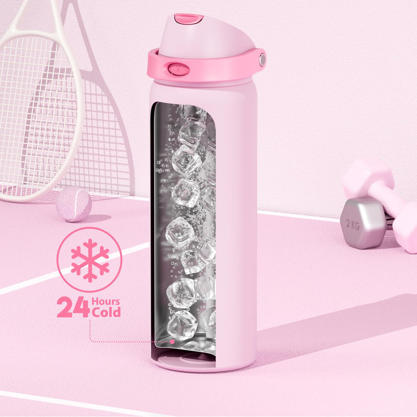24 oz Insulated Water Bottle with Straw: Meoky Stainless Steel Metal Water Bottle with 2 - in - 1 Lid - Leak Proof, Cold for 24 Hours, Protective Silicone Base, BPA - Free for Sports Travel Car, Ivory - 7DAY'S