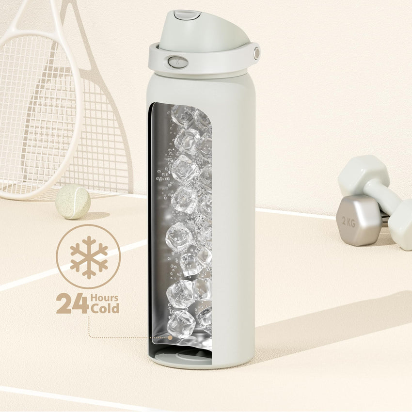 24 oz Insulated Water Bottle with Straw: Meoky Stainless Steel Metal Water Bottle with 2 - in - 1 Lid - Leak Proof, Cold for 24 Hours, Protective Silicone Base, BPA - Free for Sports Travel Car, Ivory - 7DAY'S