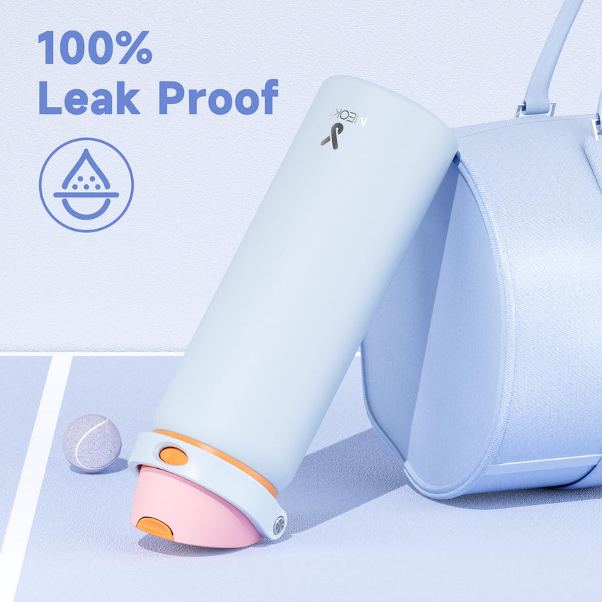 24 oz Insulated Water Bottle with Straw: Meoky Stainless Steel Metal Water Bottle with 2 - in - 1 Lid - Leak Proof, Cold for 24 Hours, Protective Silicone Base, BPA - Free for Sports Travel Car, Ivory - 7DAY'S