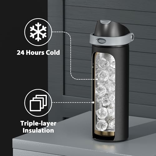 24 oz Insulated Water Bottle with Straw: Meoky Stainless Steel Metal Water Bottle with 2 - in - 1 Lid - Leak Proof, Cold for 24 Hours, Protective Silicone Base, BPA - Free for Sports Travel Car, Ivory - 7DAY'S