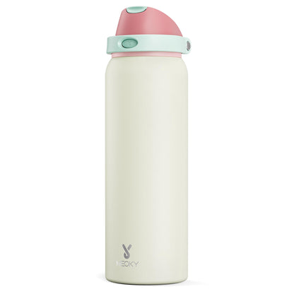 24 oz Insulated Water Bottle with Straw: Meoky Stainless Steel Metal Water Bottle with 2 - in - 1 Lid - Leak Proof, Cold for 24 Hours, Protective Silicone Base, BPA - Free for Sports Travel Car, Ivory - 7DAY'S