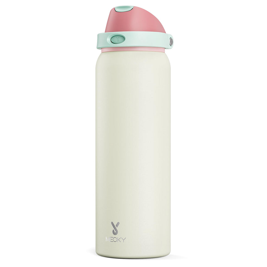 24 oz Insulated Water Bottle with Straw: Meoky Stainless Steel Metal Water Bottle with 2 - in - 1 Lid - Leak Proof, Cold for 24 Hours, Protective Silicone Base, BPA - Free for Sports Travel Car, Ivory - 7DAY'S