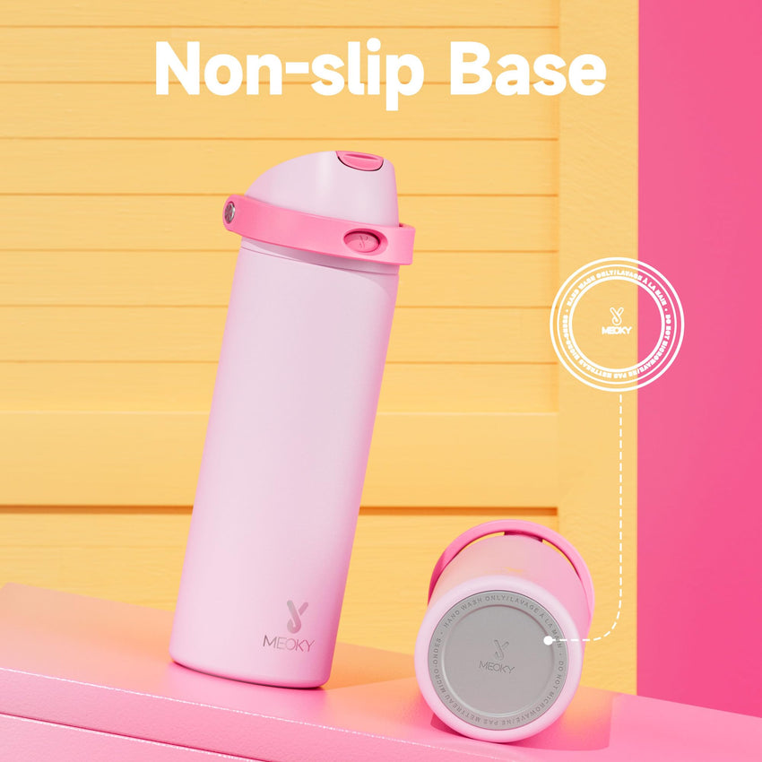 24 oz Insulated Water Bottle with Straw: Meoky Stainless Steel Metal Water Bottle with 2 - in - 1 Lid - Leak Proof, Cold for 24 Hours, Protective Silicone Base, BPA - Free for Sports Travel Car, Ivory - 7DAY'S