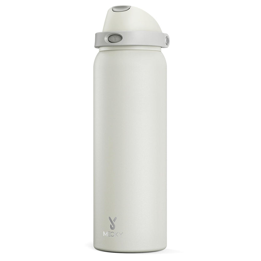 24 oz Insulated Water Bottle with Straw: Meoky Stainless Steel Metal Water Bottle with 2 - in - 1 Lid - Leak Proof, Cold for 24 Hours, Protective Silicone Base, BPA - Free for Sports Travel Car, Ivory - 7DAY'S