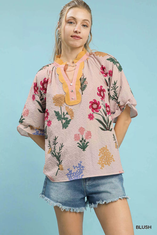 Umgee Floral Puff Sleeve Blouse with Scallop Trim Collar