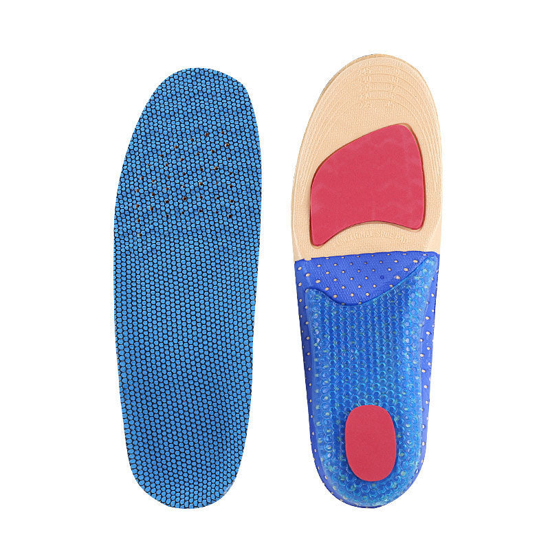Blue gel insoles with red arch and heel support for comfort and shock absorption