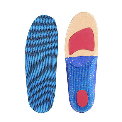 Blue gel insoles with red arch and heel support for comfort and shock absorption