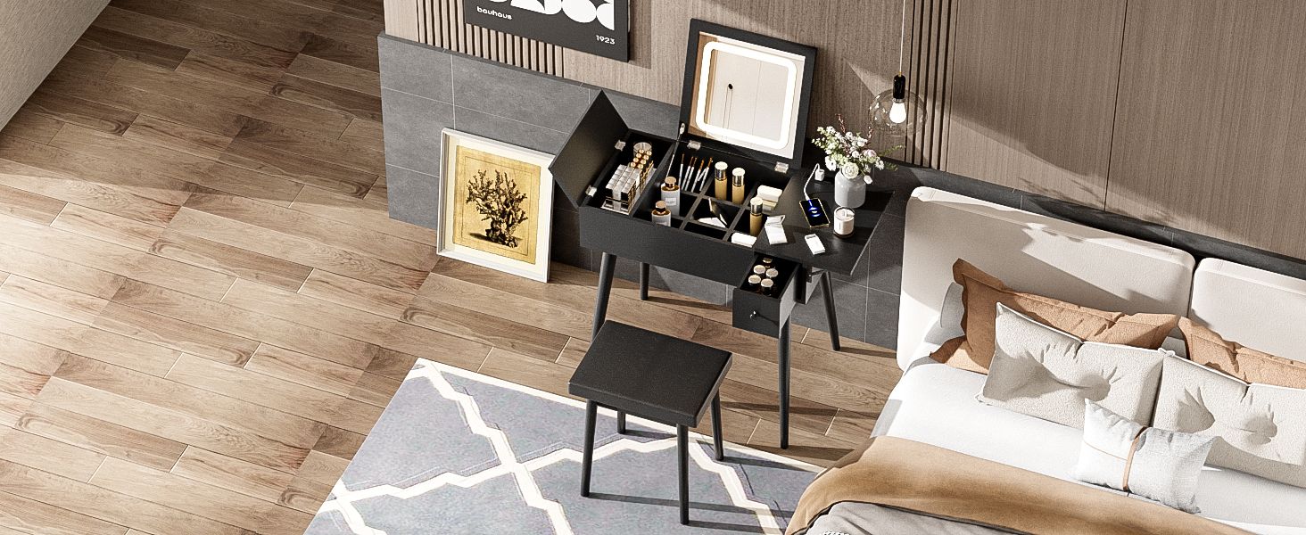 27.9" Black Makeup Vanity Desk with Flip Top Mirror and LED Light, Dressing Table with Charging Station, 2 Drawers and Fold - up Panel, Vanity Set with Cushioned Stool for Bedroom - 7DAY'S