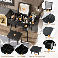 27.9" Black Makeup Vanity Desk with Flip Top Mirror and LED Light, Dressing Table with Charging Station, 2 Drawers and Fold - up Panel, Vanity Set with Cushioned Stool for Bedroom - 7DAY'S