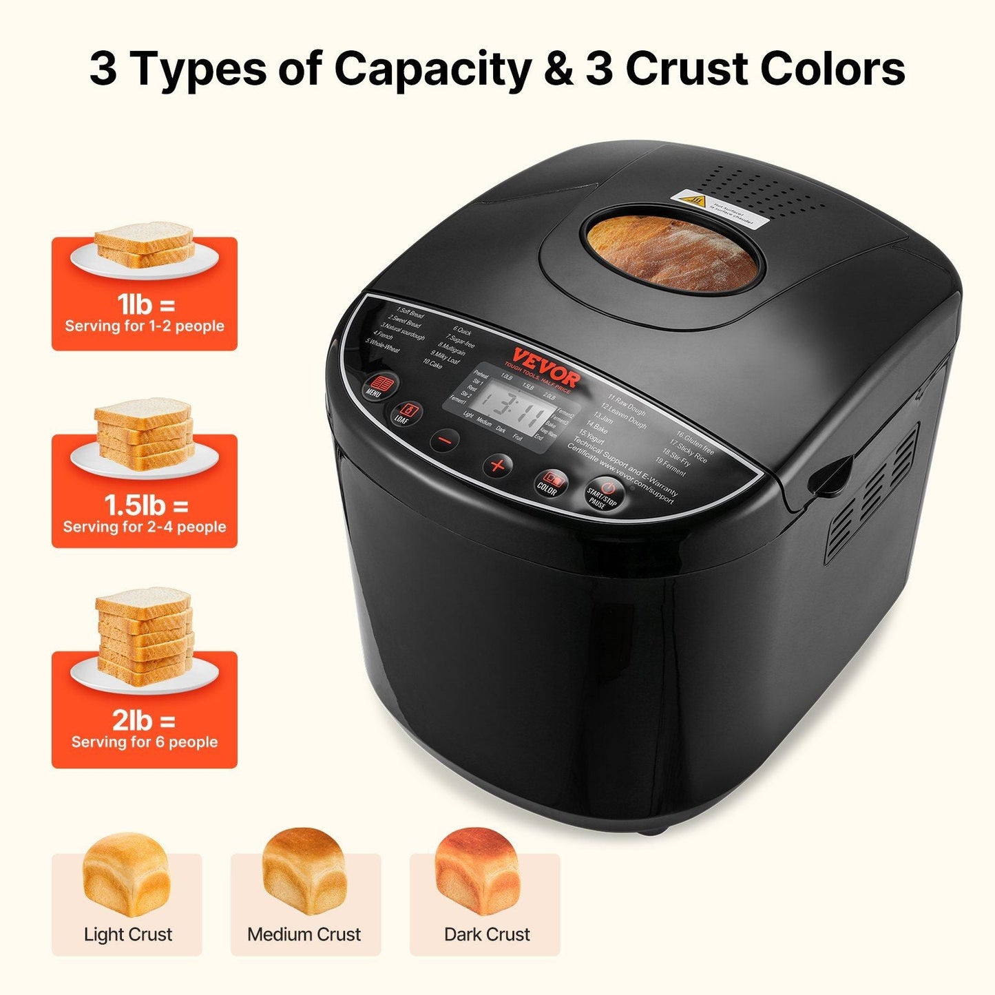 2LB 19 - in - 1 Bread Maker Automatic Compact Dough Machine Nonstick 3 Crust Colors - 7DAY'S