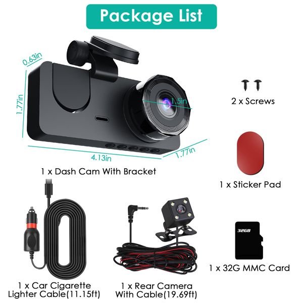 3 Channel Dash Cam Front Inside Rear Vehicle Driving Recorder Car DVR with 32G MMC Card G Sensor Motion Detection Parking Monitor Loop Recording - 7DAY'S
